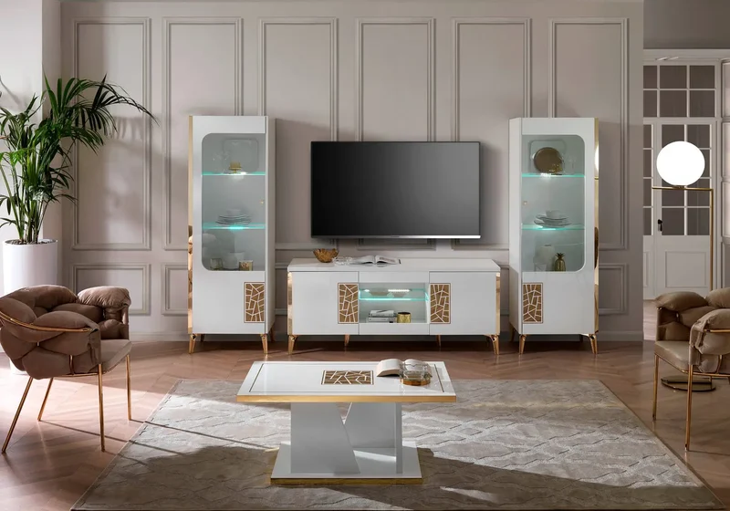 Meuble tv laqué blanc doré STELLA