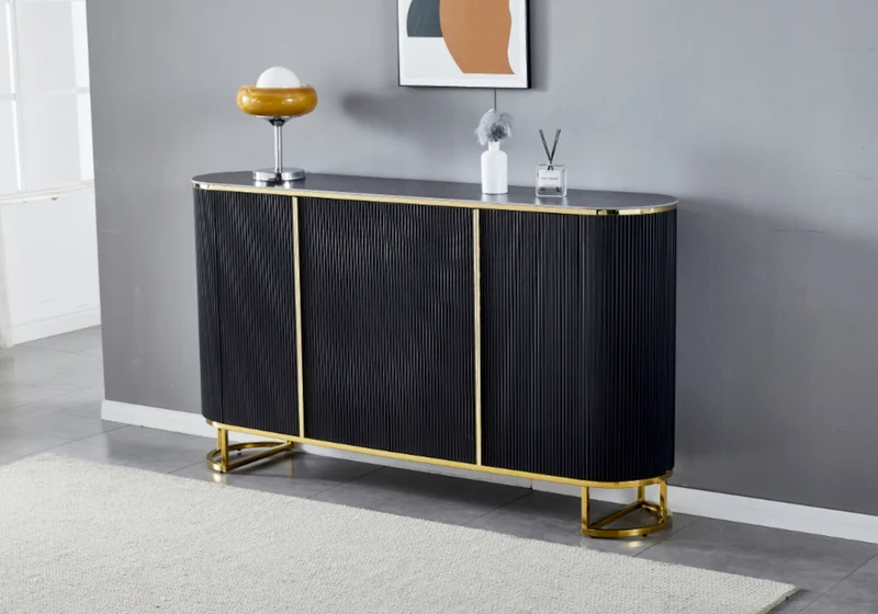 Buffet ovale cannelé marbre noir doré - Nalia