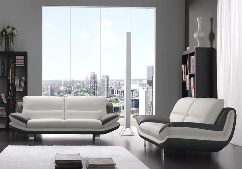 Canapé droit bicolore en cuir blanc et taupe - Bea