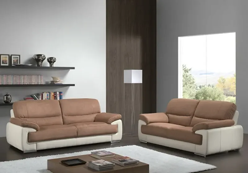 Canapé droit bicolore en cuir et microfibre marron - Anne