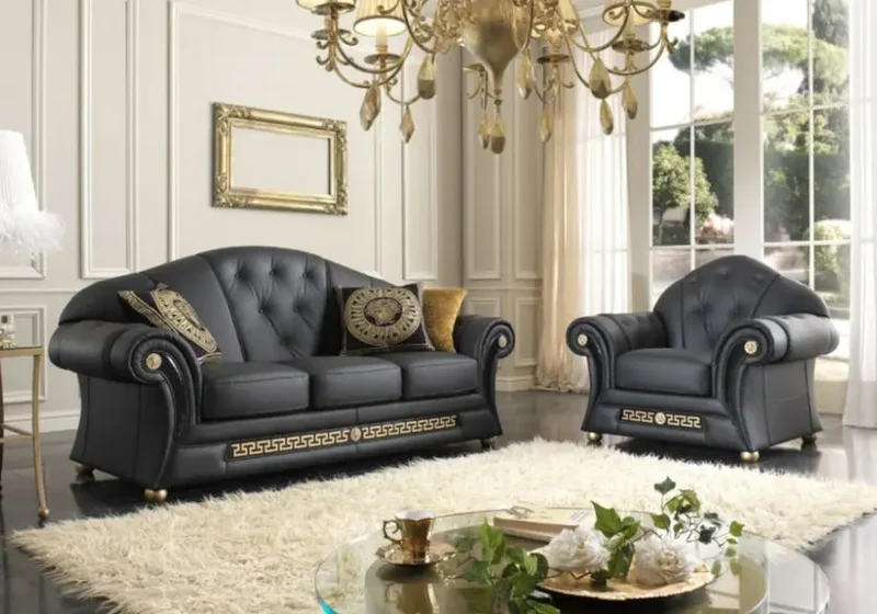 Canapé cuir noir capitonné VERSA