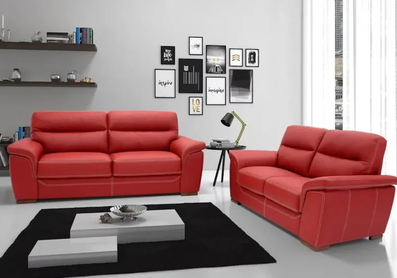Canapé droit fixe en cuir rouge avec surpiqûres - Diane