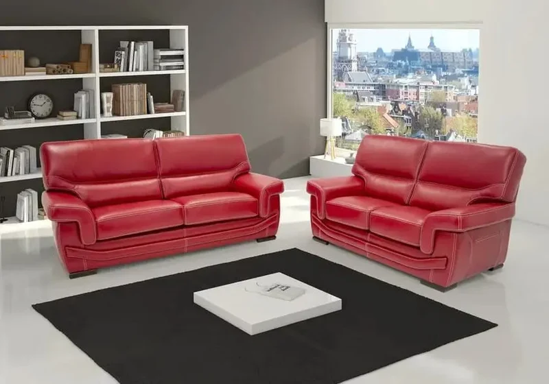 Canapé droit fixe en cuir rouge contemporain - Adam