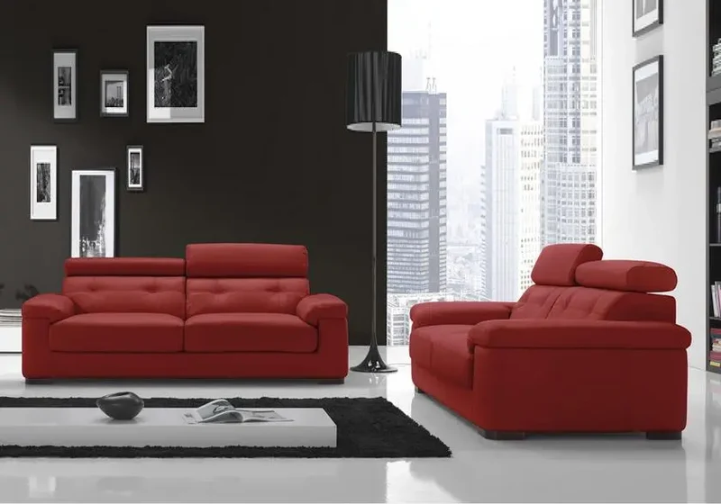 Canapé droit convertible cuir rouge têtières - Aaron