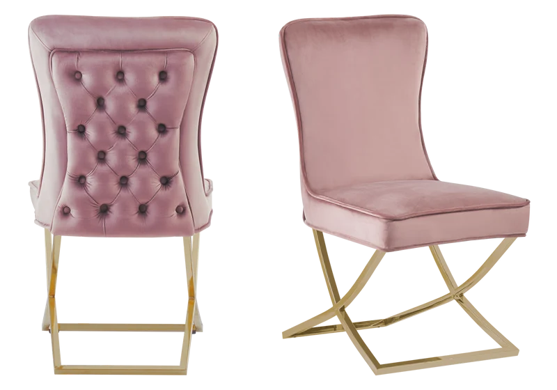 Chaise capitonnée pied croisé doré rose - Enzo x2
