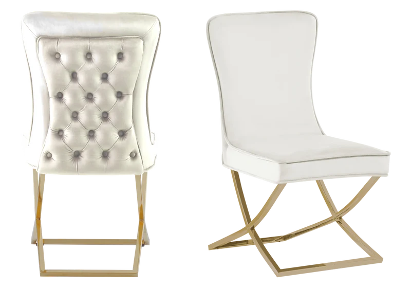 Chaise capitonnée pied croisé doré écrue - Enzo x2