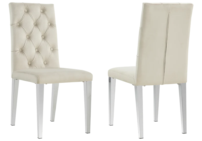Chaise velours capitonnée beige pieds argent - Neva x4