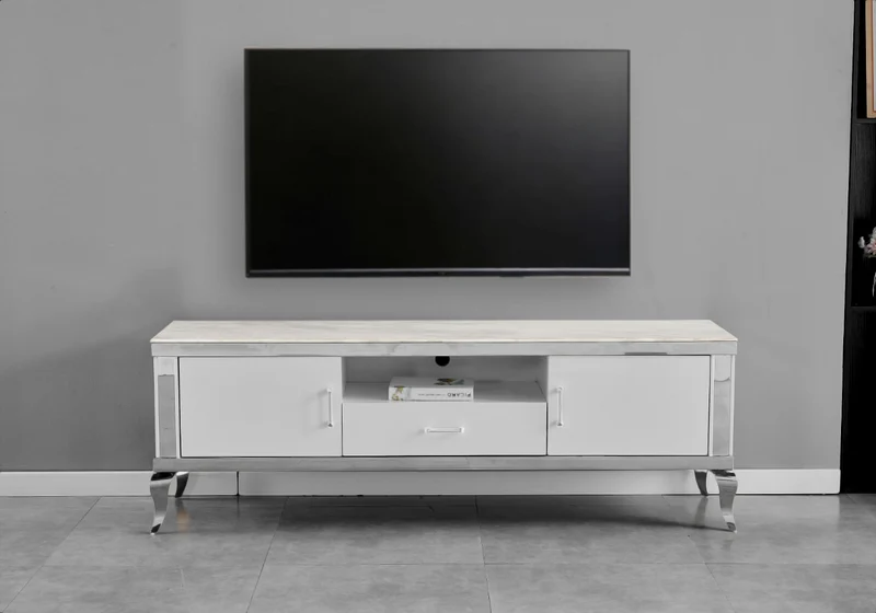 Meuble TV 170 cm marbre beige argent - Neo