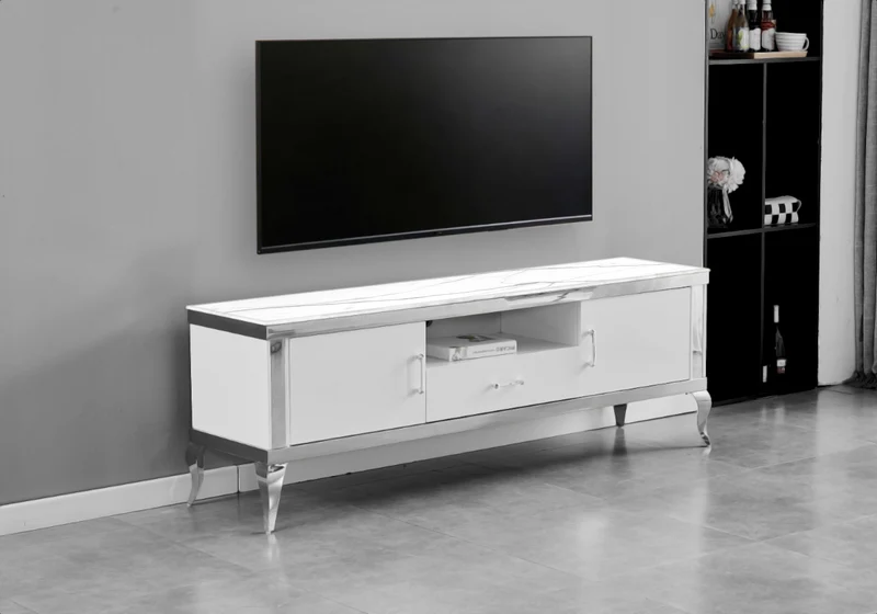 Meuble TV 170 cm marbre blanc argent - Neo