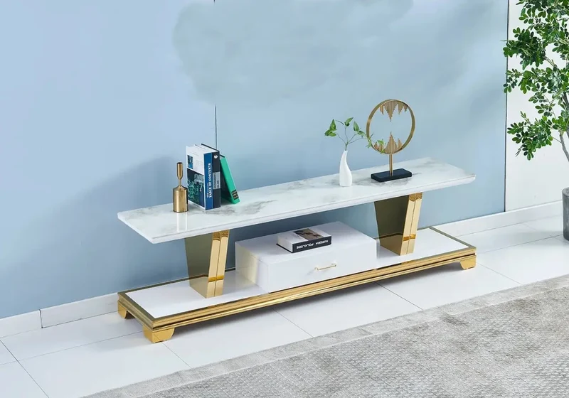Meuble banc tv doré marbre blanc - Margot