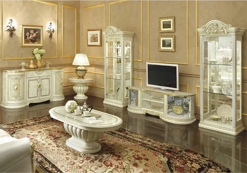 Ensemble meuble TV baroque laqué or ivoire KOBA