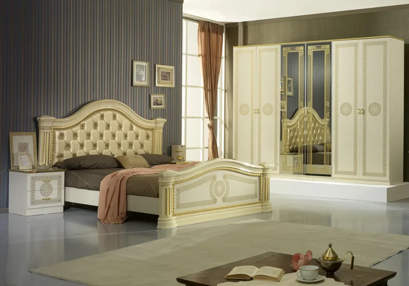 Chambre complète capitonnée laquée beige or ROBBY