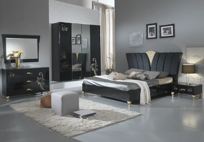 Chambre complète baroque laquée noir doré - ROSA