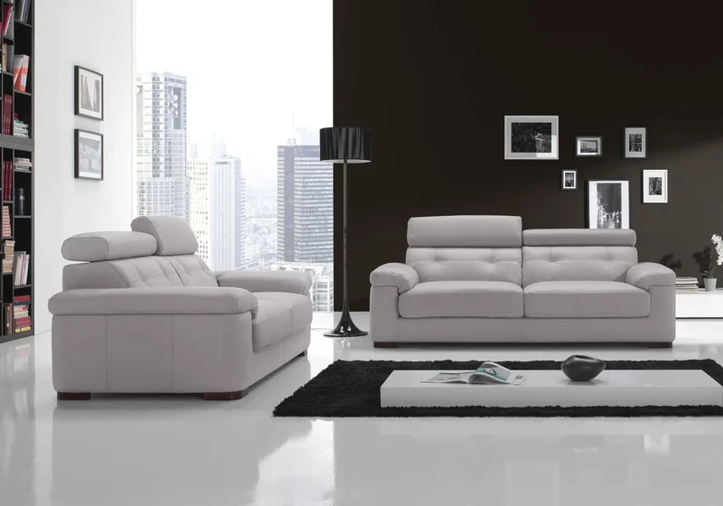 Canapé en cuir gris têtières relevables - Aaron
