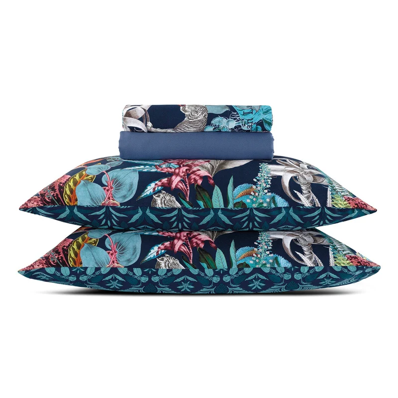 Ensemble de draps : drap-housse, drap plat, taie(s) d'oreiller en satin de coton - dessin Zanzibar bleu