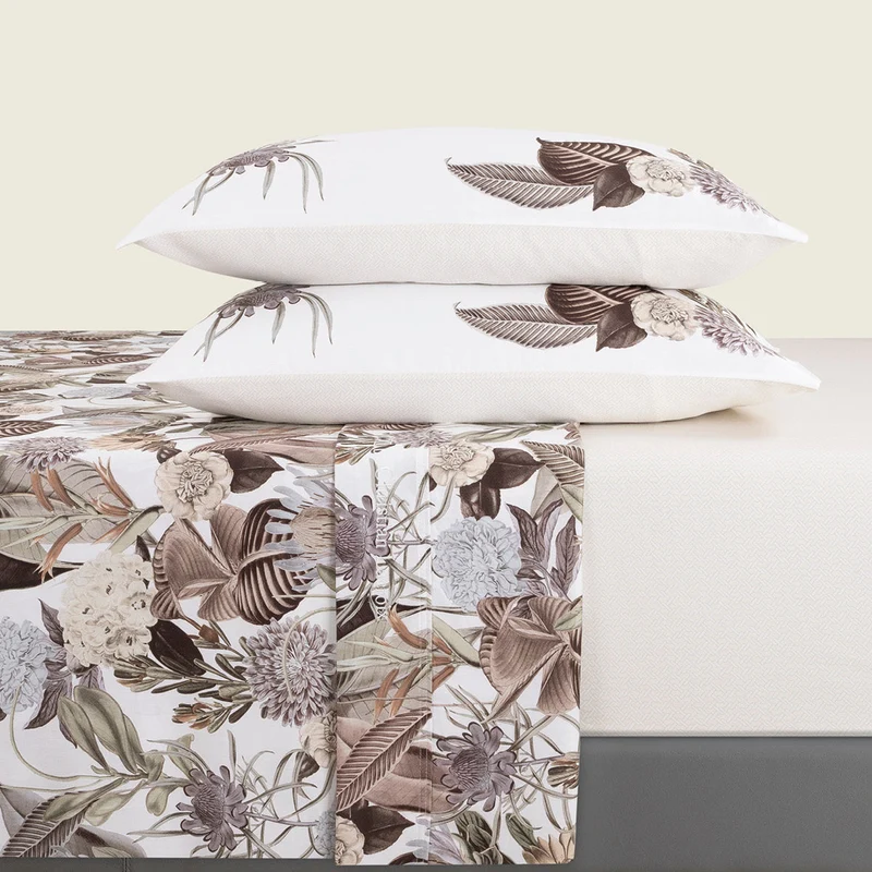 Ensemble de draps : drap-housse, drap plat, taie(s) d'oreiller en satin de coton - dessin Garden Taupe