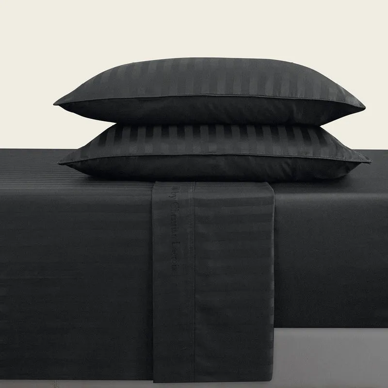 Ensemble de draps : drap-housse, drap plat, taie(s) d'oreiller en satin de coton - tissé Jacquard - dessin Rayure Noir