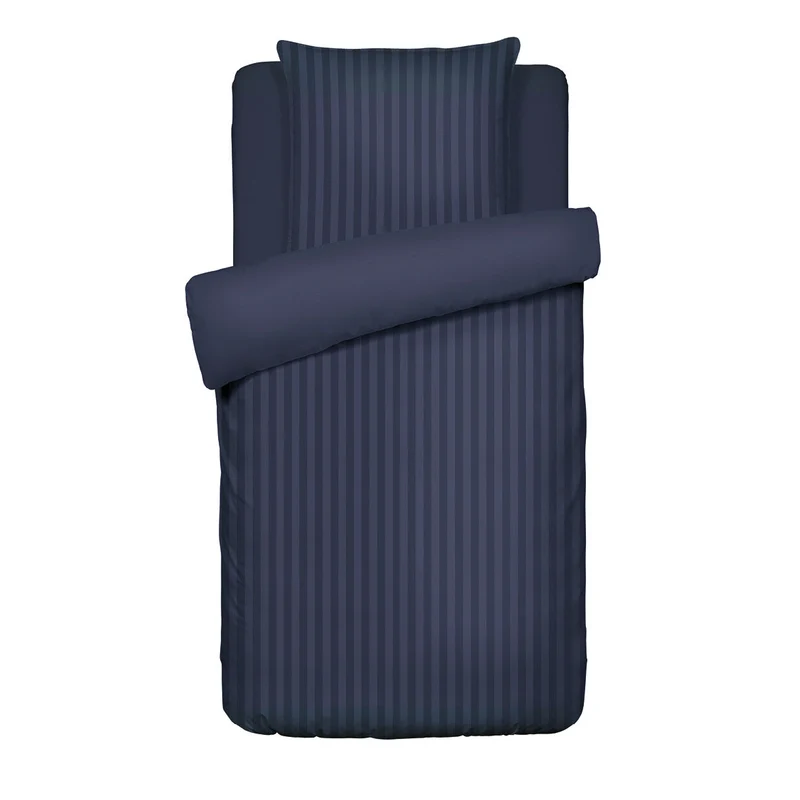 Housse de couette + taie(s) d'oreiller en satin de coton - Bleu foncé rayé