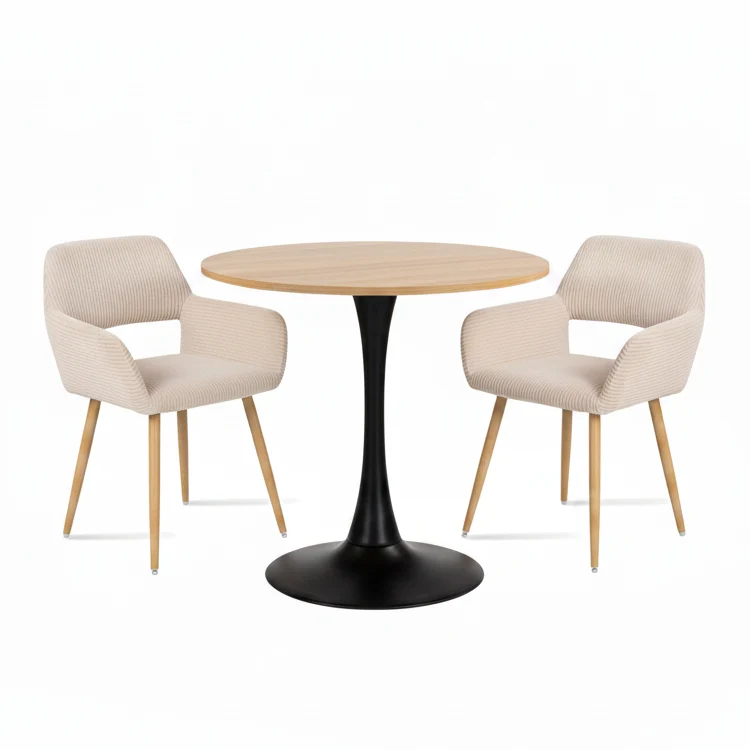 Ensemble de salle à manger de style scandinave comprenant une table ronde en chêne et 2 chaises en velours côtelé beige