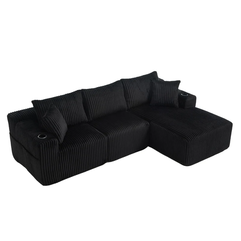 Ensemble canapé avec coussins, poches latérales et porte-gobelets en velours côtelé doux pour salon, noir