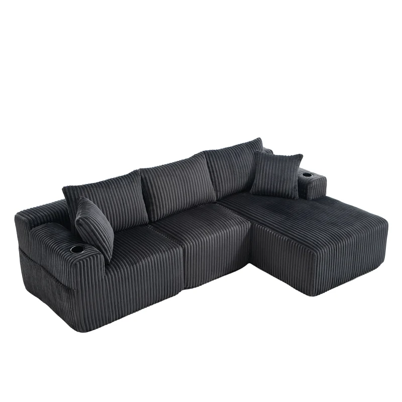Ensemble canapé avec coussins, poches latérales et porte-gobelets en velours côtelé doux pour salon, gris