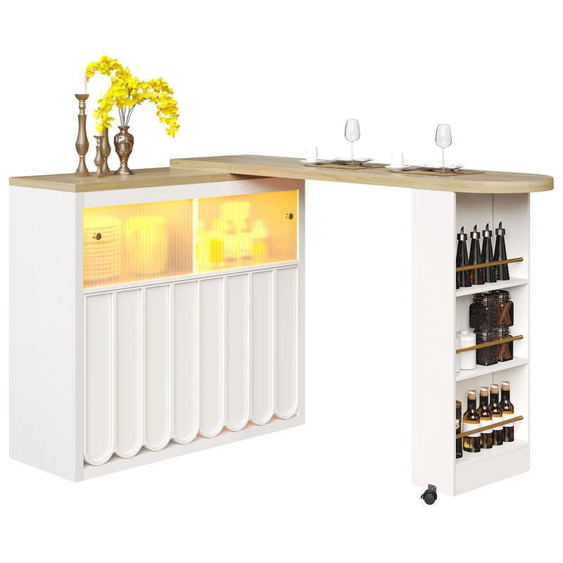 Table de Bar Extensible Blanc, Design Moderne à Portes Striées, MDF avec LED et Rangement