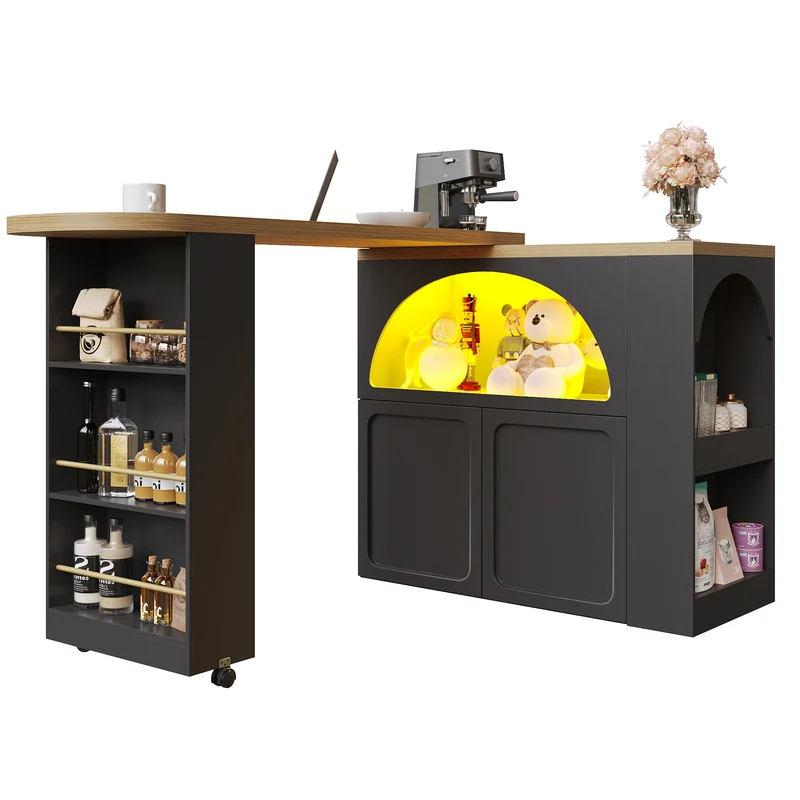 Table de bar noire, table haute extensible moderne avec éclairage LED, MDF, table de bar télescopique mobile