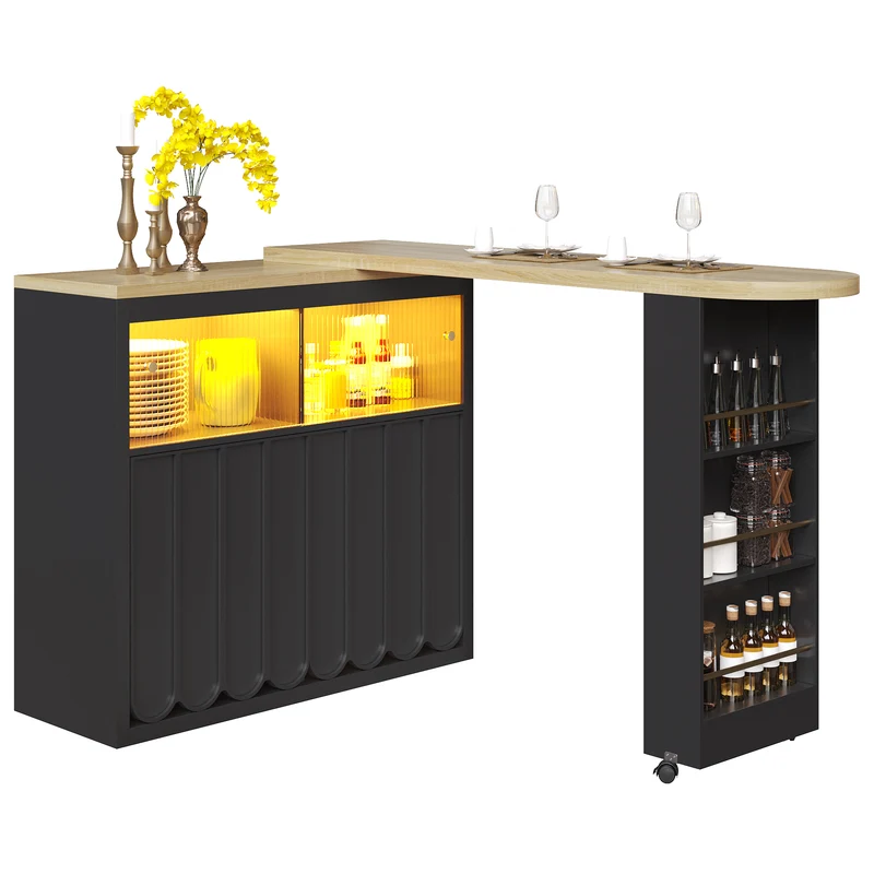 Meubles Cosy Table de bar noire, table haute moderne extensible avec rangements, MDF et verre, LED et USB