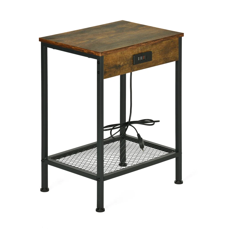 Table d'appoint/Bout de canapé design industriel en bois marron vintage et métal noir avec double plateau et ports USB intégrés - OAKHAM