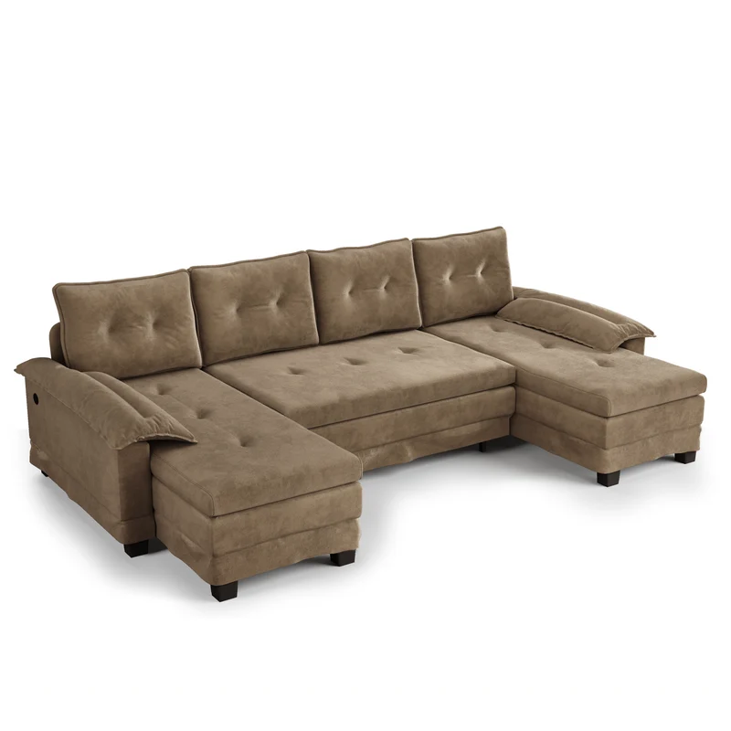 Canapé-lit U-forme khaki, Sectionnel Modulable Convertible, Chenille Moderne avec USB, Accoudoirs Amovibles