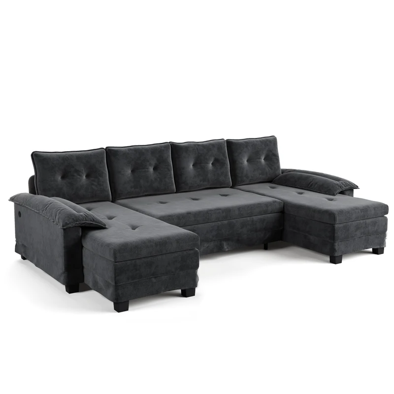 Canapé-lit gris en forme de U en chenille – Canapé modulaire au design moderne avec accoudoirs amovibles et port USB