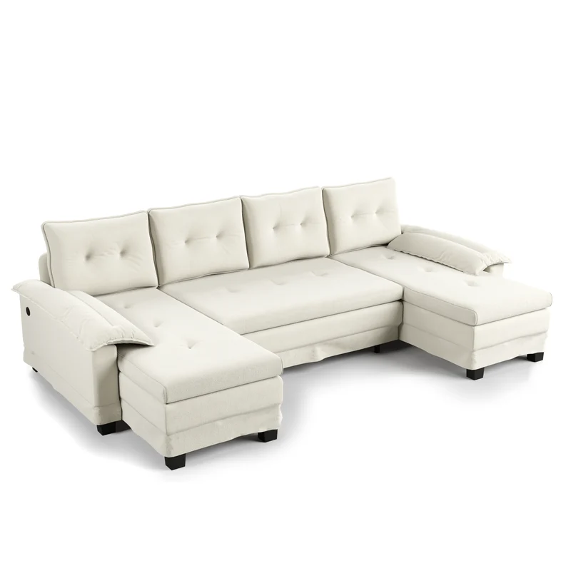 Canapé-lit beige en forme de U en chenille – Canapé modulaire au design moderne avec accoudoirs amovibles et port USB