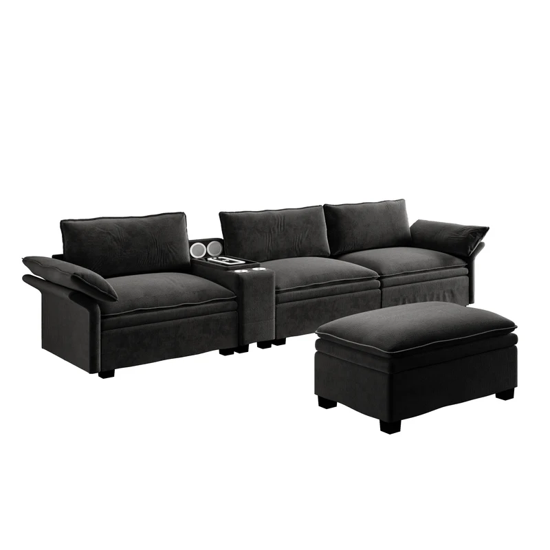 Canapé d'angle modulable 4 places noir en chenille, canapé en L Cloud avec rangement et pouf amovible