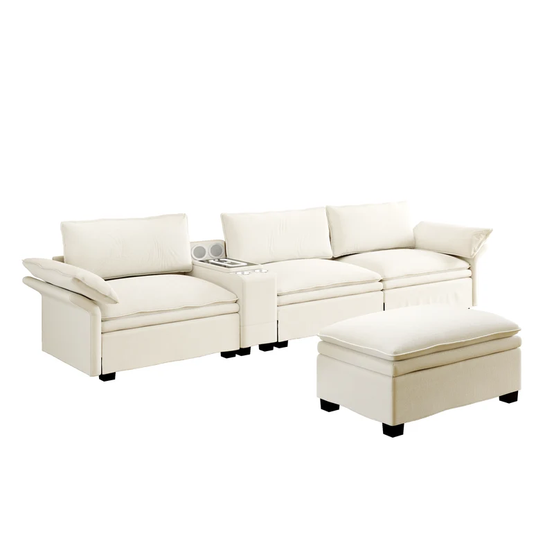 Canapé d'angle modulable 4 places beige en chenille, canapé en L Cloud avec rangement et pouf amovible