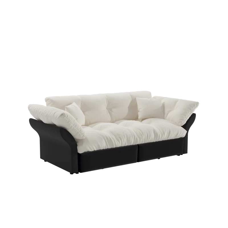 Canapé-lit Queen Beige/Blanc, Sofa Convertible 3-en-1, Velours Moderne avec Dossier Capitonné