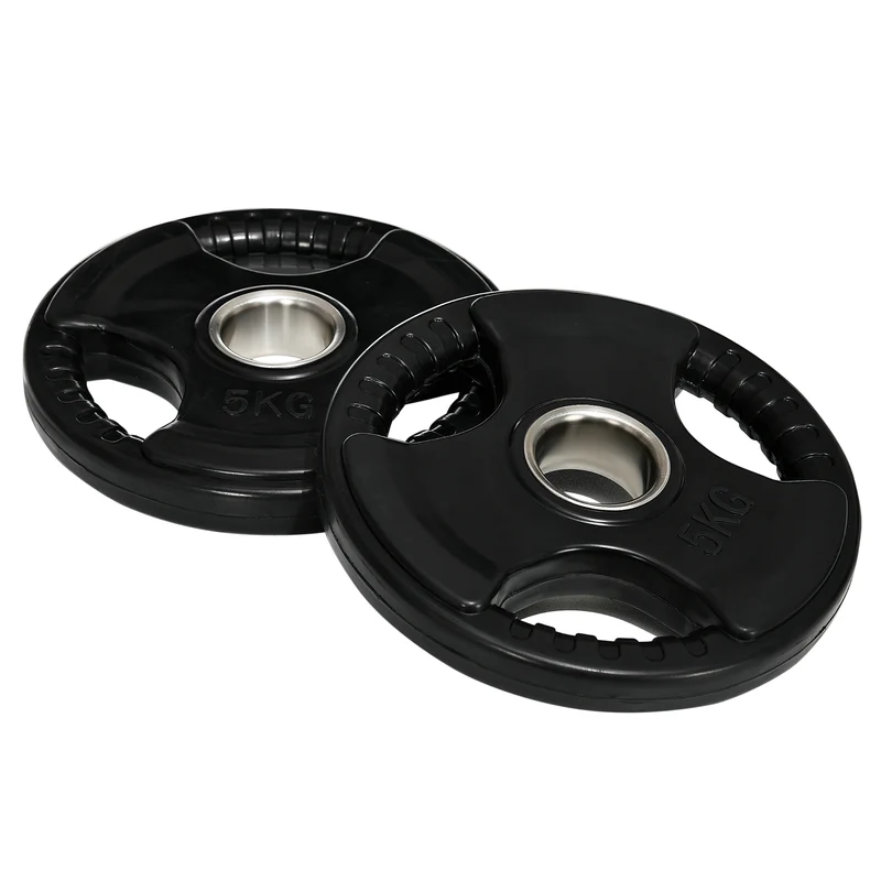 Lot de 2 disques de poids 5 kg trois poignées 24 x 3,5 cm prise sûre protection sol idéal style industriel en métal noir 21_0006805