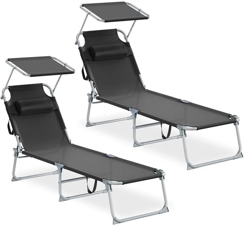 Lot de 2 chaises longues pliantes avec appui-tête et dossier réglable 189 x 53 x 28,5 cm pour terrasse balcon en plastique noir 12_0012411