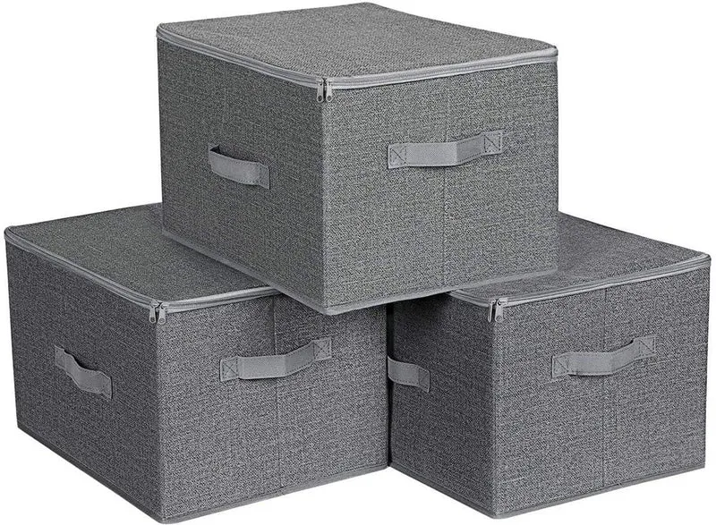 Lot de 3 sacs de rangement pliables avec couvercle pour jouets et vêtements 40 x 30 x 25 cm en tissu gris 12_0009210