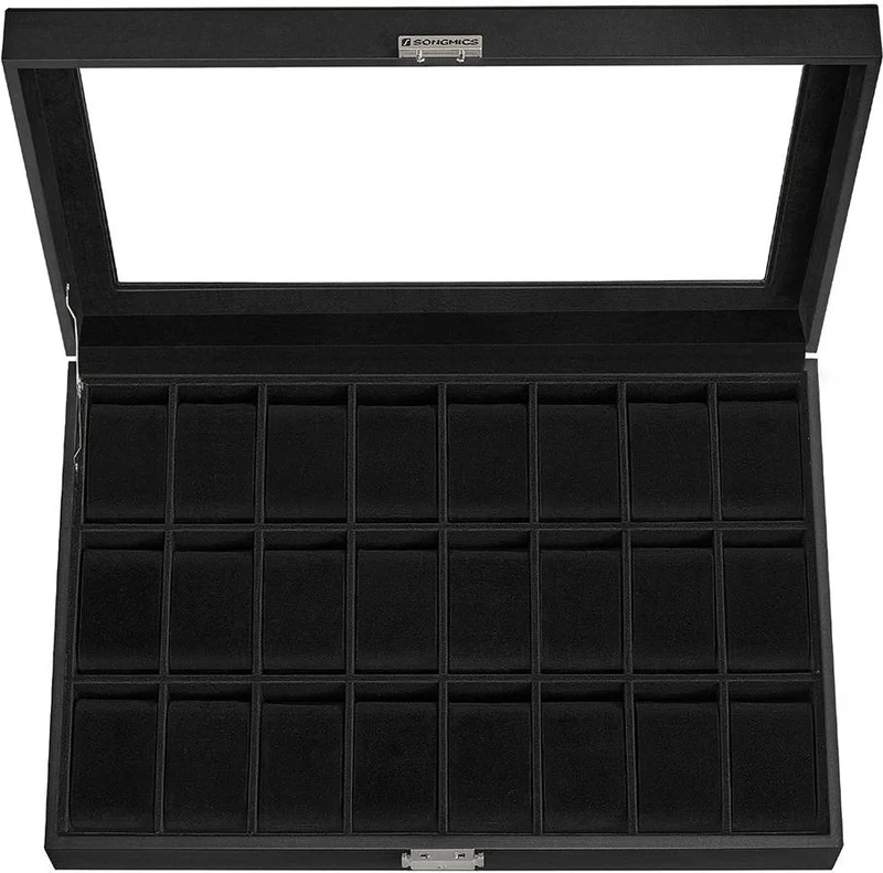 Boîte de rangement pour 24 montres 29,5 x 43 x 8 cm finition élégante en MDF noir 12_0008913