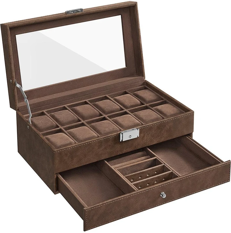 Boîte à montres spacieuse pour 12 montres avec coussinets 18,5 x 32,5 x 13,5 cm en MDF marron 12_0008903