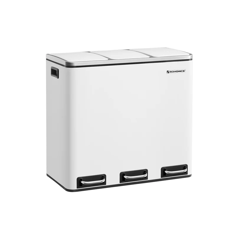 Poubelle de recyclage triple 61.5 x 31.5 x 56 cm pour tri des déchets avec pédales ergonomiques moderne en acier gris 12_0008615