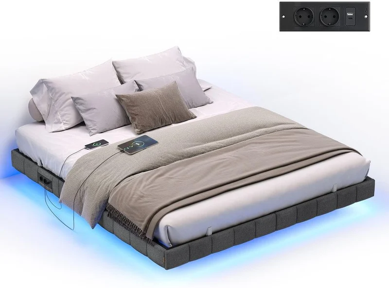 Lit flottant contemporain avec éclairage LED 200 x 180 x 26 cm ambiance cosy en mousse gris ardoise 12_0012983