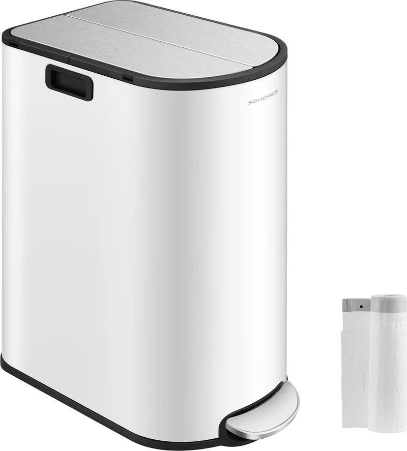 Poubelle de cuisine double 49 x 29 x 64 cm pour tri recyclage ergonomique style moderne en acier blanc 12_0011541