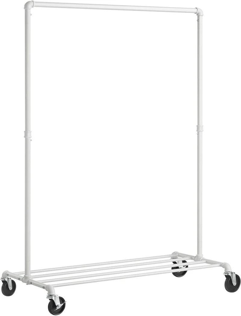 Portant à vêtements à roulettes avec tringle et étagère de rangement 100 x 49 x 163 cm style industriel pour chambre buanderie en acier blanc 12_0010110