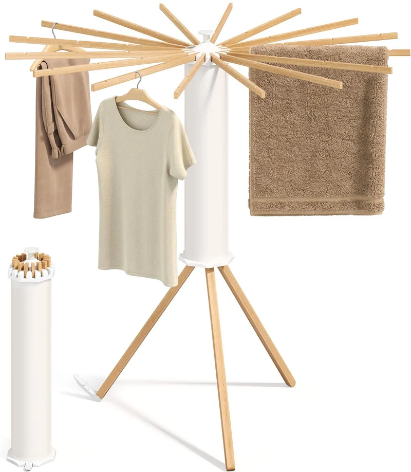 Séchoir à linge pliable portable gain de place 112 x 112 x 122 cm fonction pivotante style naturel en bois 12_0013211