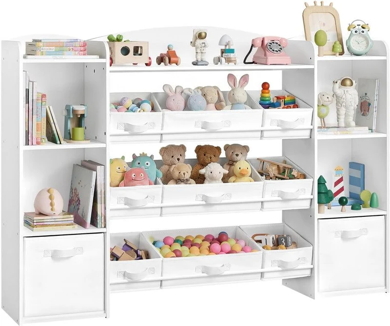 Étagère à jouets design moderne pour chambre d'enfant 30 x 143,8 x 104 cm avec 9 paniers pratiques en MDF blanc 12_0013189