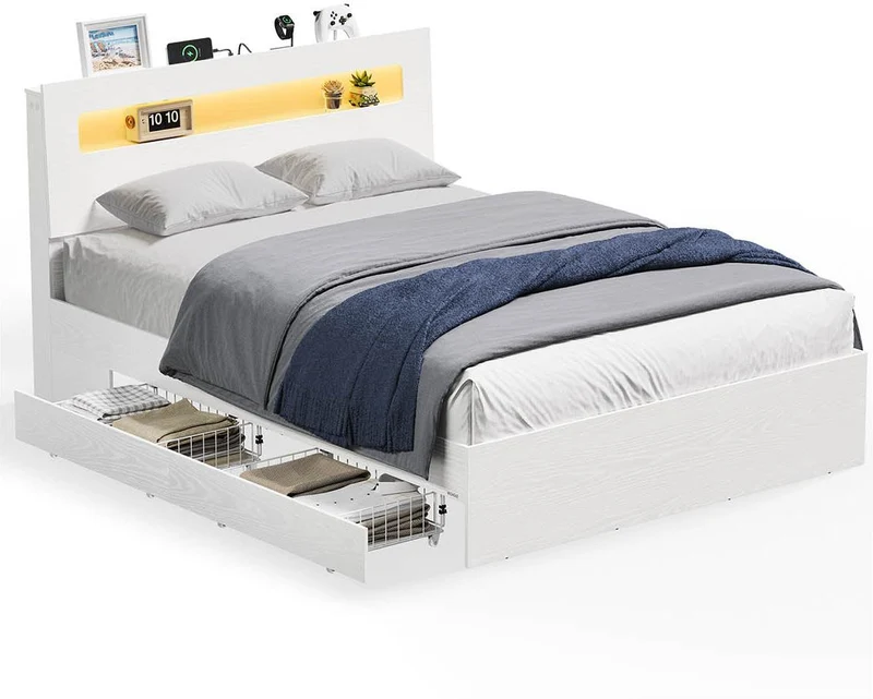 Cadre de lit double avec 2 tiroirs coulissants 202,5 x 142,9 x 95,5 cm ambiance cosy en MDF blanc 12_0012987