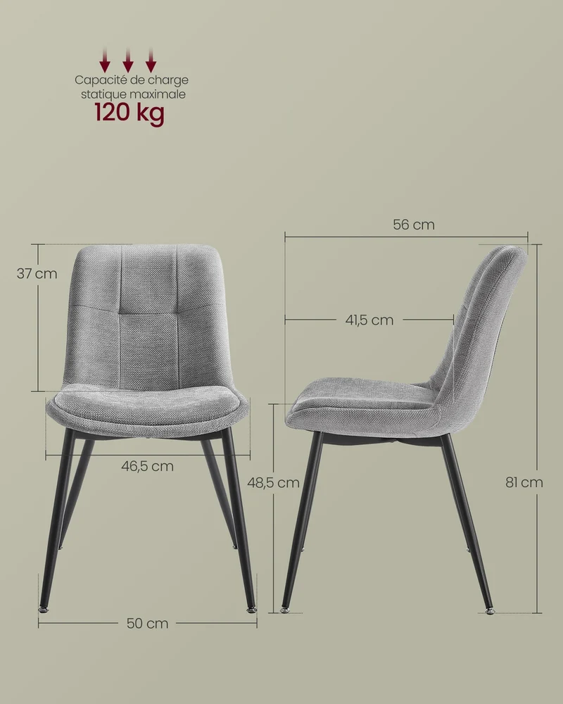 Lot de 4 chaises de salle à manger rembourrées confortables 56 x 50 x 81 cm style moderne en tissu chenille gris 12_0012436