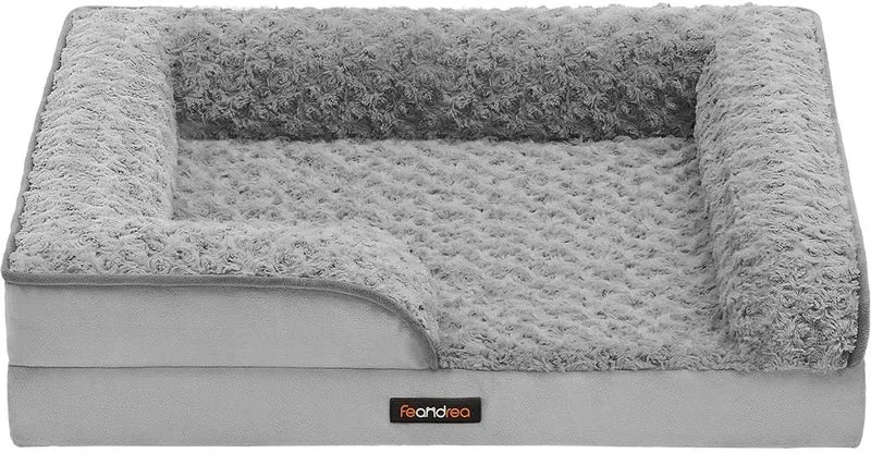 Panier pour chien orthopédique mousse alvéolée bords surélevés 71 x 58 x 16 cm en tissu peluche gris 12_0011192