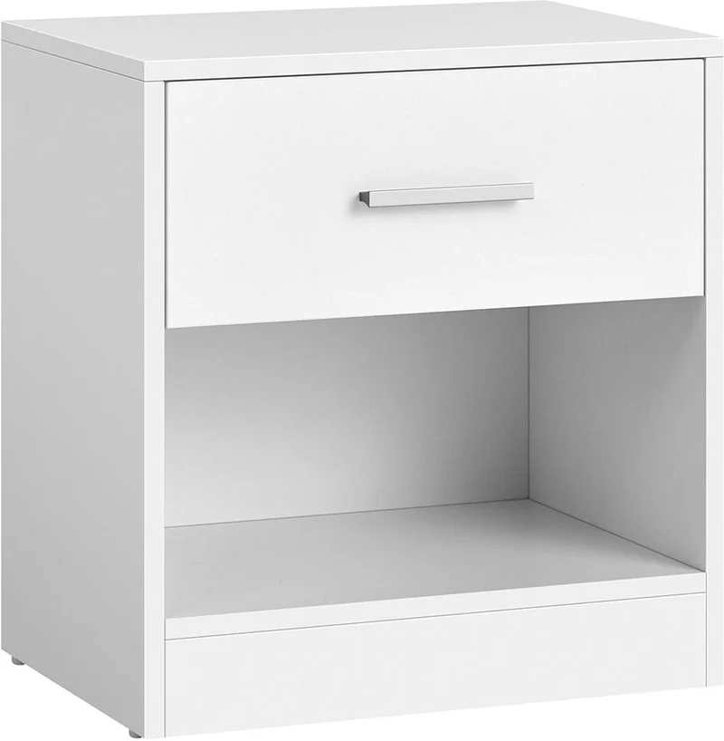 Table de nuit design épuré avec tiroir compartiment ouvert 28 x 39 x 41 cm en panneau d'aggloméré blanc 12_0010992